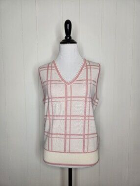Tory Sport Pink & White Ribbon Windowpane Merino Wool V Neck Tennis Sweater Vest